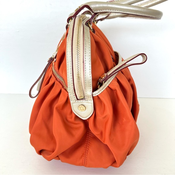 MZ WALLACE Bea Bedford Pleated Orange Nylon Gold Leather Trim Shoulder Bag Tote - Picture 8 of 16